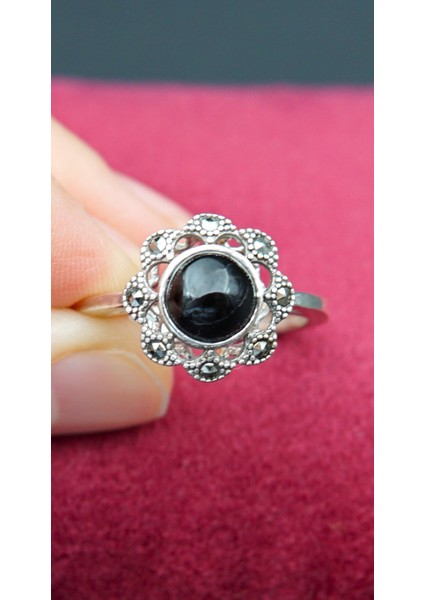 925 Ayar Kadın Gümüş Oltu Taşı Yüzük SY00070 fırsatları