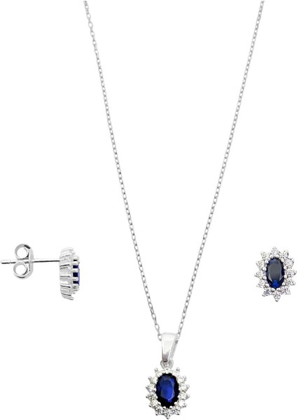 Mini Beyaz Işıltı Çevrili Safir Taşlı Oval Kadın Kolye Küpe Gümüş Set
