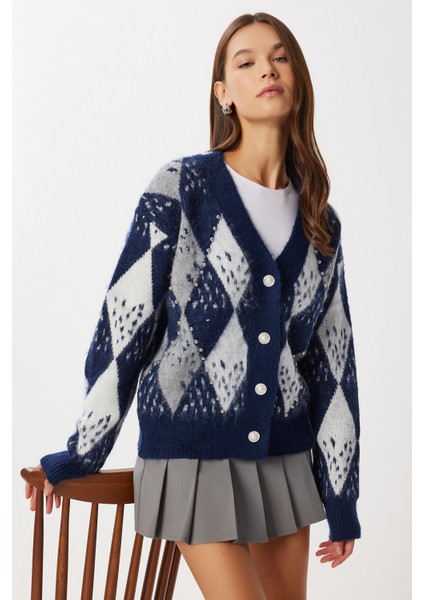 Baklava Desenli Boncuklu Triko Hırka LAN0080 Lacivert