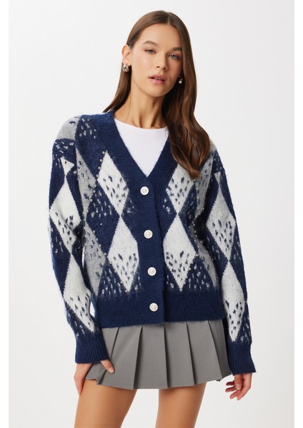 Baklava Desenli Boncuklu Triko Hırka LAN0080 Lacivert fiyatları