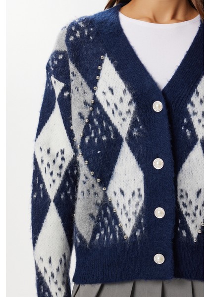 Baklava Desenli Boncuklu Triko Hırka LAN0080 Lacivert modelleri