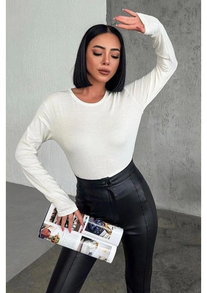 Rahat ve Şık Uzun Kollu Bisiklet Yaka Likralı Viskon Penye Body Ekru ( Lisinya ) modelleri