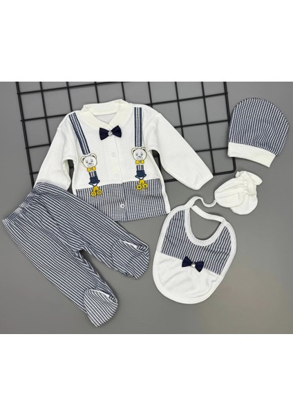 Patik Hediyeli Papyonlu Ayıcıklı 5 Parça Lüks Erkek Askı Detaylı Hastane Çıkışı Zıbın Set