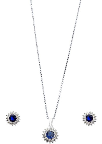Minimal Klasik Anturaj Modeli Safir Taşlı Gümüş Kolye & Küpe Seti