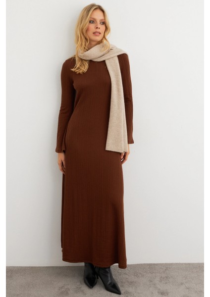 Kadın Kahverengi Basic Maxi Elbise COL30
