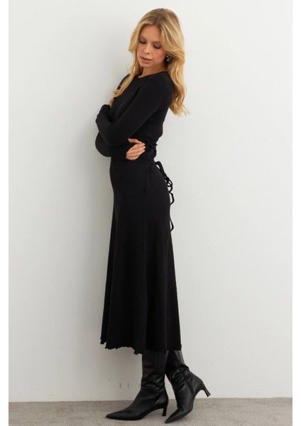 Kadın Siyah Bağlamalı Kaşkorse Midi Elbise COL2268 fiyatları