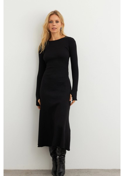 Kadın Siyah Bağlamalı Kaşkorse Midi Elbise COL2268 modelleri