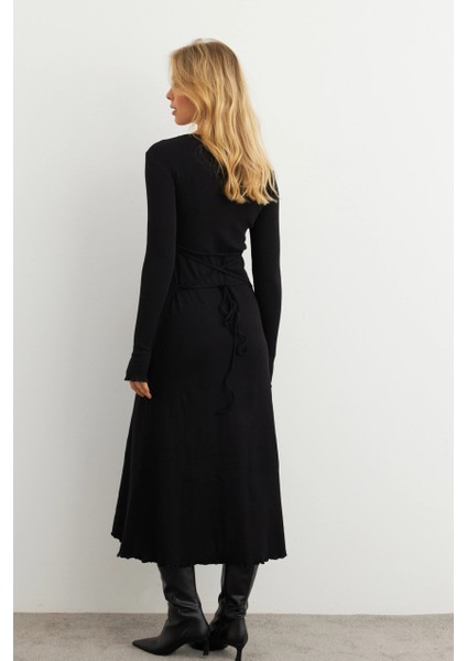 Kadın Siyah Bağlamalı Kaşkorse Midi Elbise COL2268 indirimleri