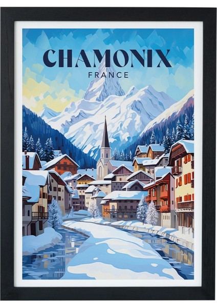 Chamonix France Siyah Çerçeveli Poster Tablo