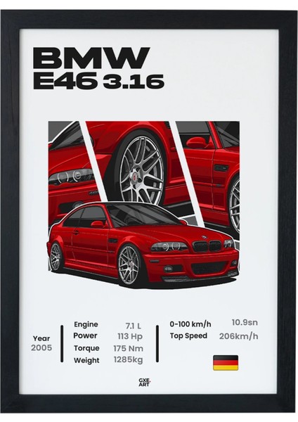 Bmw E46 3.16 Tasarım Çerçeveli Poster Tablo