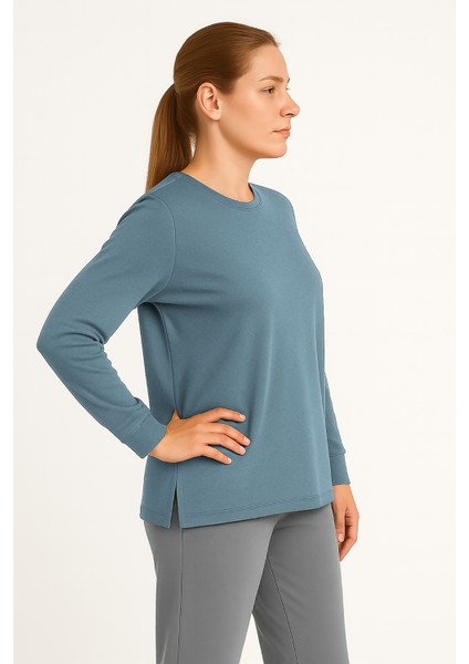 Kadın Belinda Basic Uzun Kollu Ince O Yaka Pamuk T-Shirt Mavi
