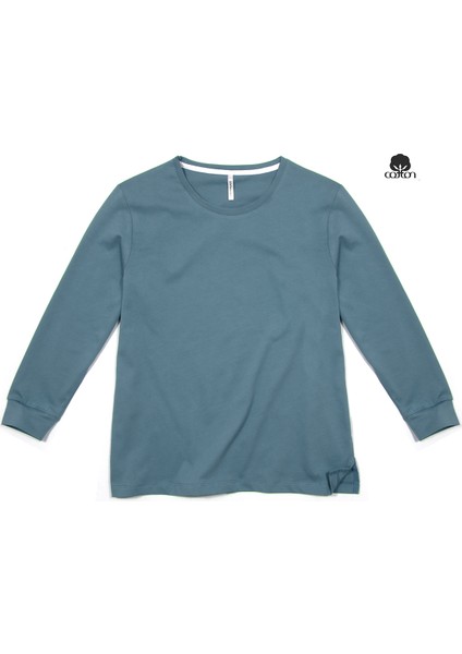 Kadın Belinda Basic Uzun Kollu Ince O Yaka Pamuk T-Shirt Mavi fiyatları