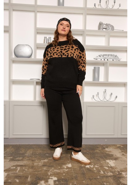 Leopar Garnili Alt-Üst Büyük Beden Takım Siyah