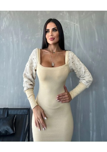 Mdb Kadın Kare Yaka Kolları Anşet ve Tül Detay Fırsat Ürün Idi Boy Elbise fiyatları