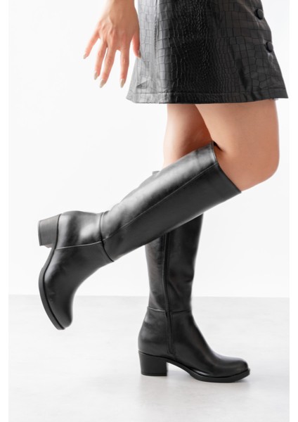 Lorida Siyah Deri Topuklu (5 Cm) Yanı Fermuarlı Günlük Kullanım Çizme fiyatları