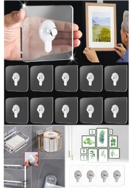 Ultra Güçlü Kendinden Yapışkanlı 8 Adet Şeffaf Askı Vida Askı Toblo Askı Banyo Mutfak Askısı