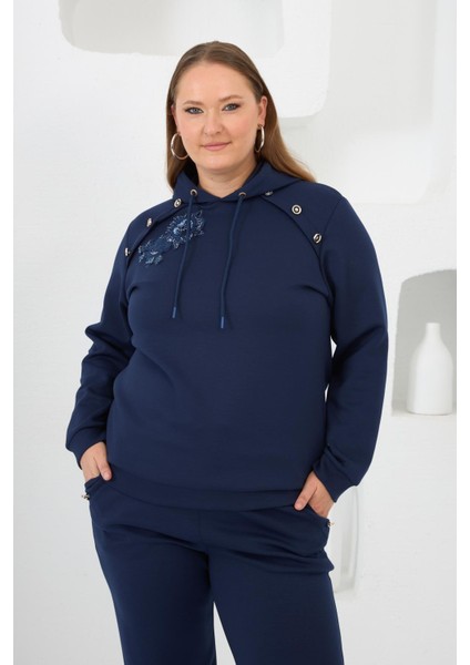 Çiçek Aplikeli Büyük Beden Kapüşonlu Eşofman Takımı Lacivert modelleri