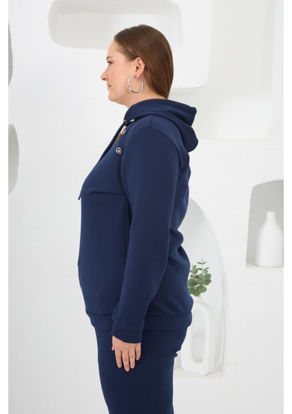 Çiçek Aplikeli Büyük Beden Kapüşonlu Eşofman Takımı Lacivert fırsatları