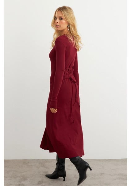 Kadın Bordo Bağlamalı Kaşkorse Midi Elbise COL2268