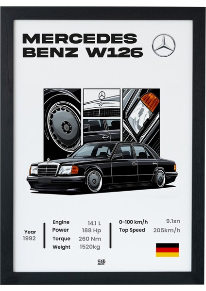 Mercedes Benz W126 1992 Model Car Seri-E Özel Tasarım Siyah Çerçeveli Tablo Poster