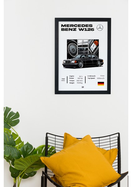 Mercedes Benz W126 1992 Model Car Seri-E Özel Tasarım Siyah Çerçeveli Tablo Poster modelleri