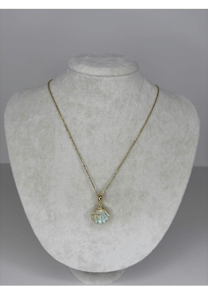 Açılır Kapanır Mavi Deniz Kabuklu ve Altın Yıldızlı Taşlı Gold Kolye