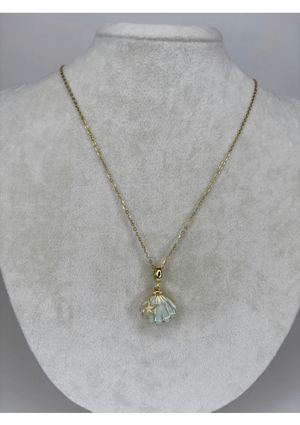 Açılır Kapanır Mavi Deniz Kabuklu ve Altın Yıldızlı Taşlı Gold Kolye fiyatları