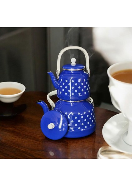 Emaye Çaydanlık Takımı Mavi Puantiyeli Çaydanlık Takımı 3.5 Litre Üstten Tutmalı