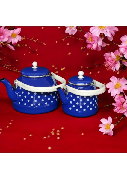 Emaye Çaydanlık Takımı Mavi Puantiyeli Çaydanlık Takımı 3.5 Litre Üstten Tutmalı modelleri