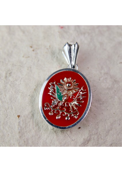 Kırmızı Mineli Osmanlı Arması 925 Ayar Gümüş Madalyon Kolye Ucu