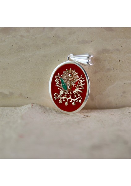 Kırmızı Mineli Osmanlı Arması 925 Ayar Gümüş Madalyon Kolye Ucu modelleri