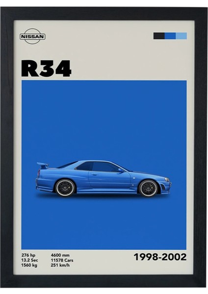 Nissan R34 1998-2002 Car Serie Özel Tasarım Siyah Çerçeveli Tablo Poster