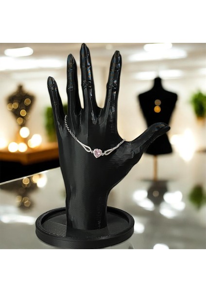 925 Ayar Gümüş Pembe Kalp Taşlı Zirkon Taşlarla Çevrili Bileklik