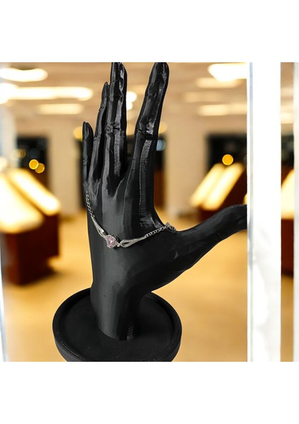 925 Ayar Gümüş Pembe Kalp Taşlı Zirkon Taşlarla Çevrili Bileklik fiyatları