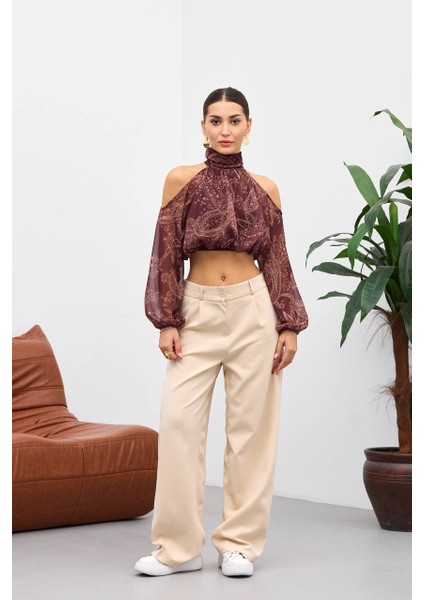 Bordo Omuzu Açık Belden Lastikli Bluz modelleri