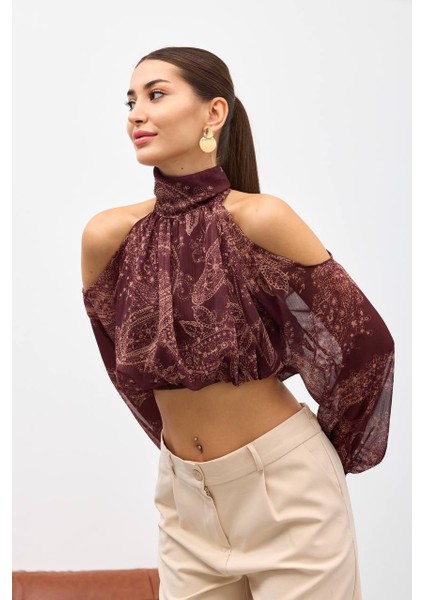 Bordo Omuzu Açık Belden Lastikli Bluz fırsatları