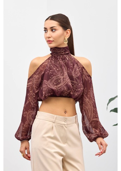 Bordo Omuzu Açık Belden Lastikli Bluz indirimleri