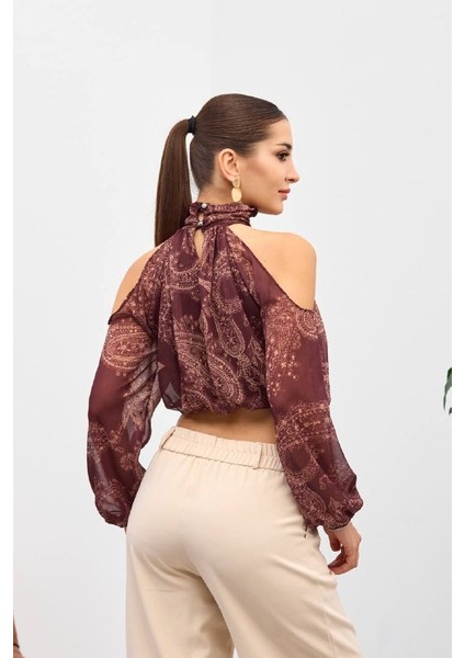 Bordo Omuzu Açık Belden Lastikli Bluz