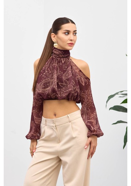 Bordo Omuzu Açık Belden Lastikli Bluz