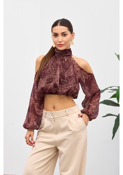 Bordo Omuzu Açık Belden Lastikli Bluz