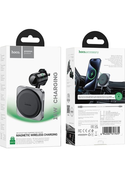 Hoco. HW15 Izgara Klipsli 15W Kablosuz Şarjlı Manyetik Magsafe Araç Tutucu - Siyah indirimleri