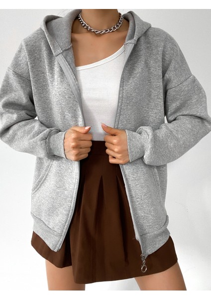 Kadın Oversize Fermuarlı Sweatshirt Hırka