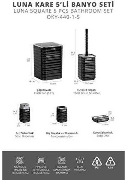 Luna 5'li Banyo Aksesuar Seti Suya Dayanıklı Antrasit Renk Şık Tasarım