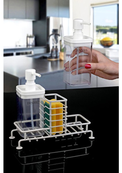 Beyaz Standlı 2'li Şeffaf Sıvı Sabunluk Sert Plastik ve Metal Malzeme ile Modern Tasarım