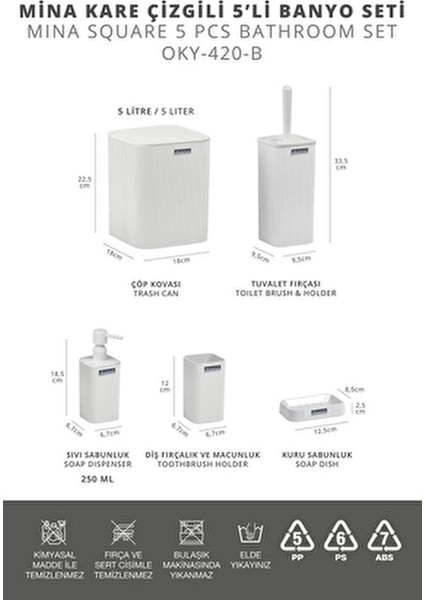 Mina Beyaz Çizgili Kare Banyo Seti Modern Stil Suya Dayanıklı 5 Parça