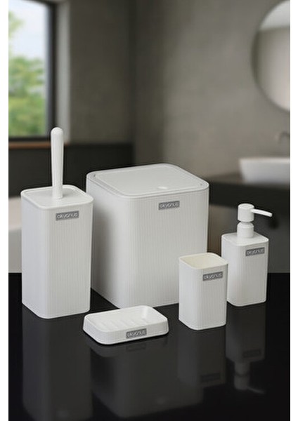Mina Beyaz Çizgili Kare Banyo Seti Modern Stil Suya Dayanıklı 5 Parça