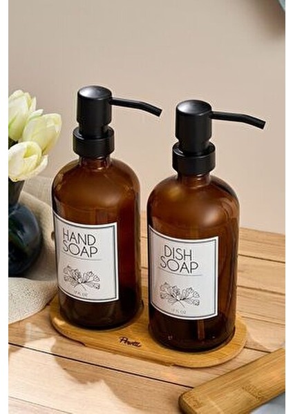 Sıvı Sabunluk 2'li Set Kapaklı Cam Malzeme Şık Tasarım Kahverengi Renk fiyatları