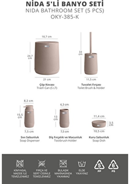 Nida Vizon 5'li Banyo Seti Kolay Temizlik Özelliği ile Şık ve Kullanışlı