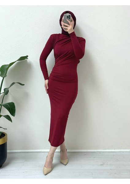 Yanı Büzgülü Uzun Skuba Elbise -Bordo modelleri