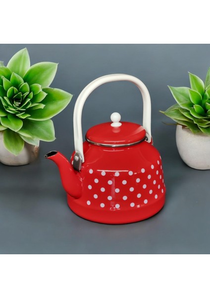 Emaye Çaydanlık 3,5 Litre Çinko Bitki Çayı Demliği Kırmızı Puantiyeli Çaydanlık